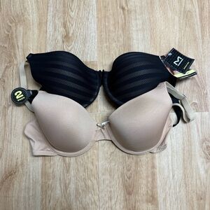 MAIDENFORM T-SHIRT BRAS 2 PACK BLACK BEIGE SIZE 36C WIRED LIGHTLY LINED NEW